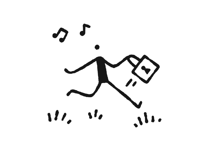 drawing of a person walking and whistling while holding a suitcase