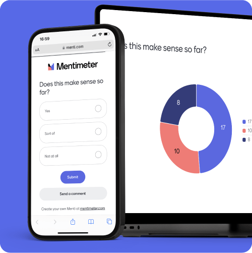 Graphic showing the voting screen of Mentimeter on a phone next to a laptop screen with a presentation showing the results of the vote.
