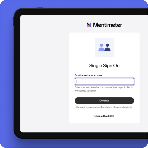 Graphic showing Mentimeter's Single Sign-on screen on a tablet screen.