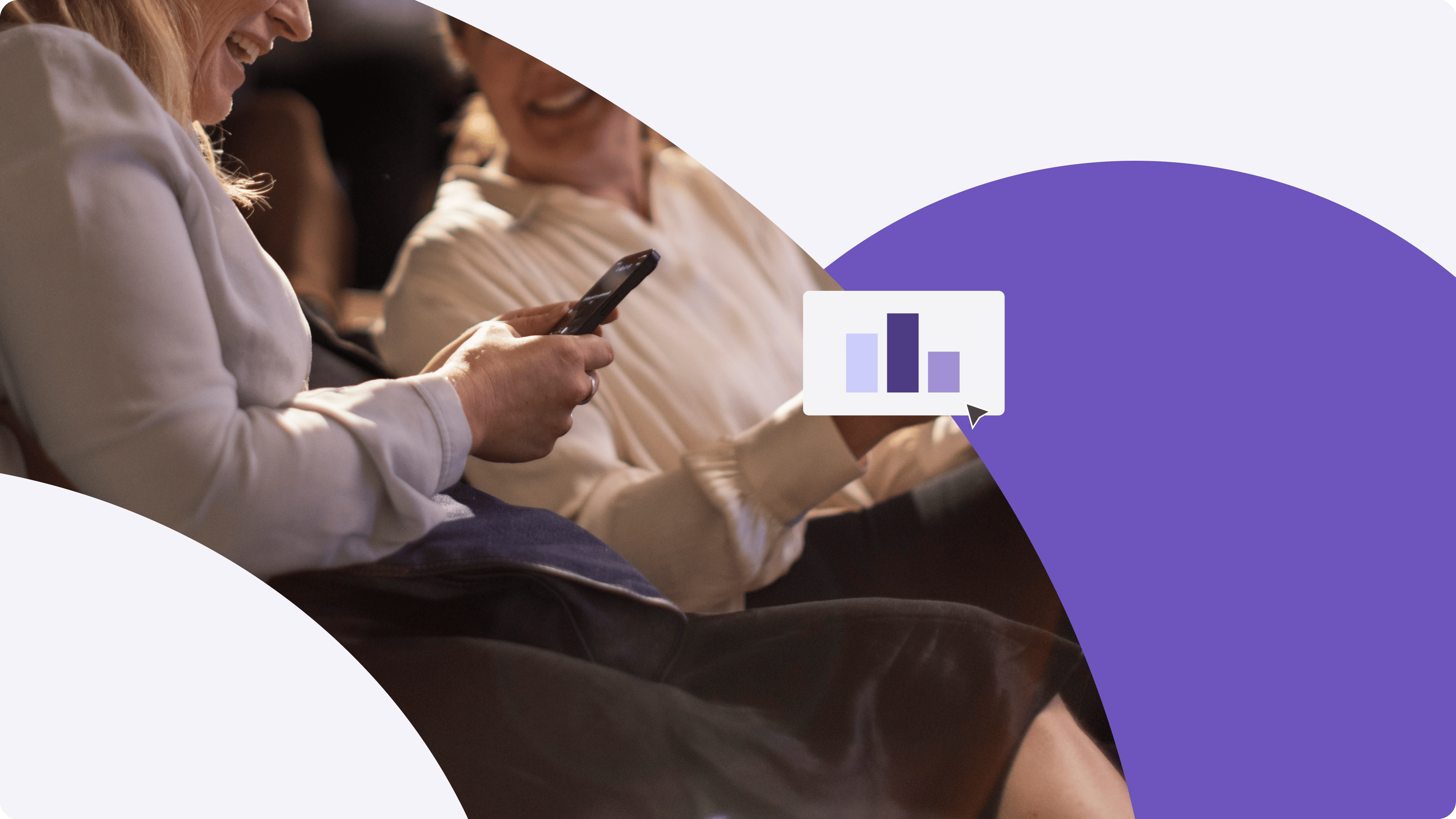 A graphic depicting two people looking at a smart phone and smiling with a simplified bar graph superimposed over it.