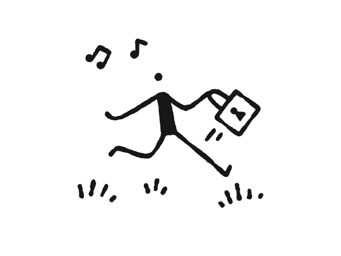 drawing of a person walking and whistling while holding a suitcase