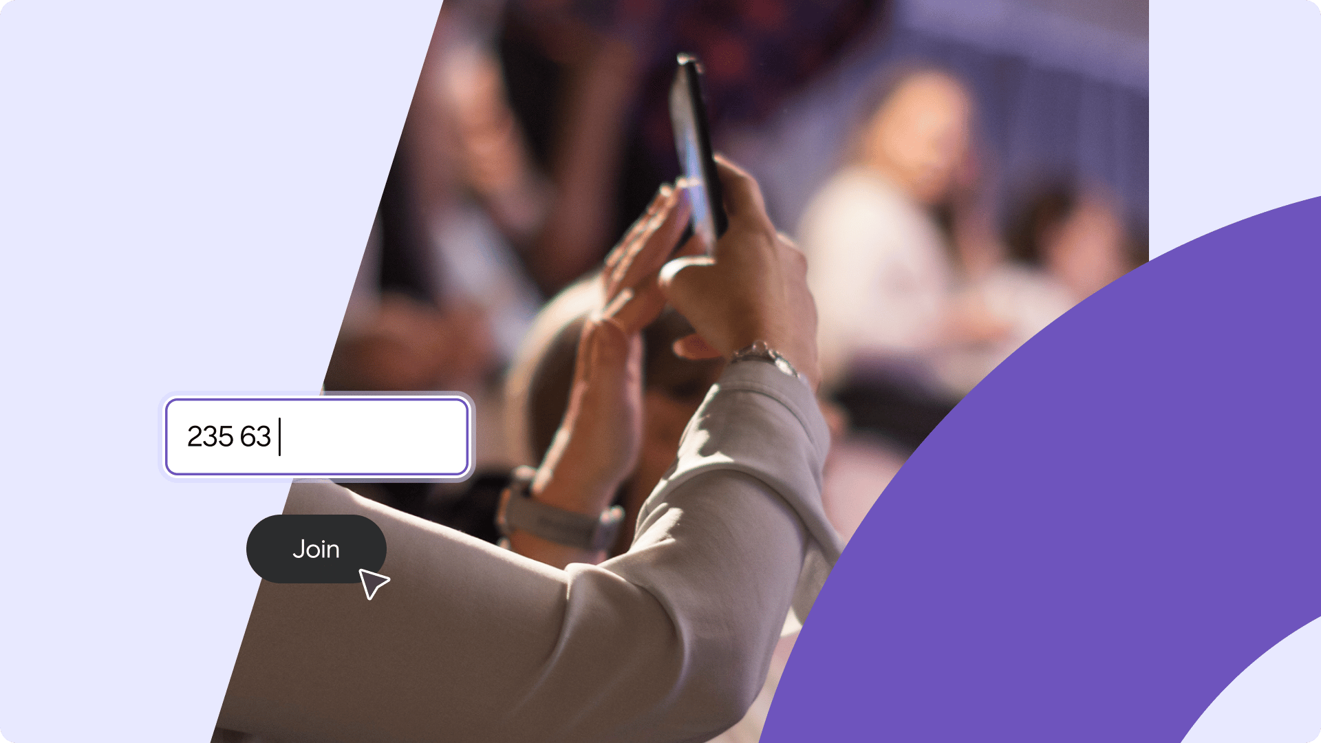 A graphic depicting someone holding up their smart phone with an "enter code" box and a "join" button superimposed onto it.